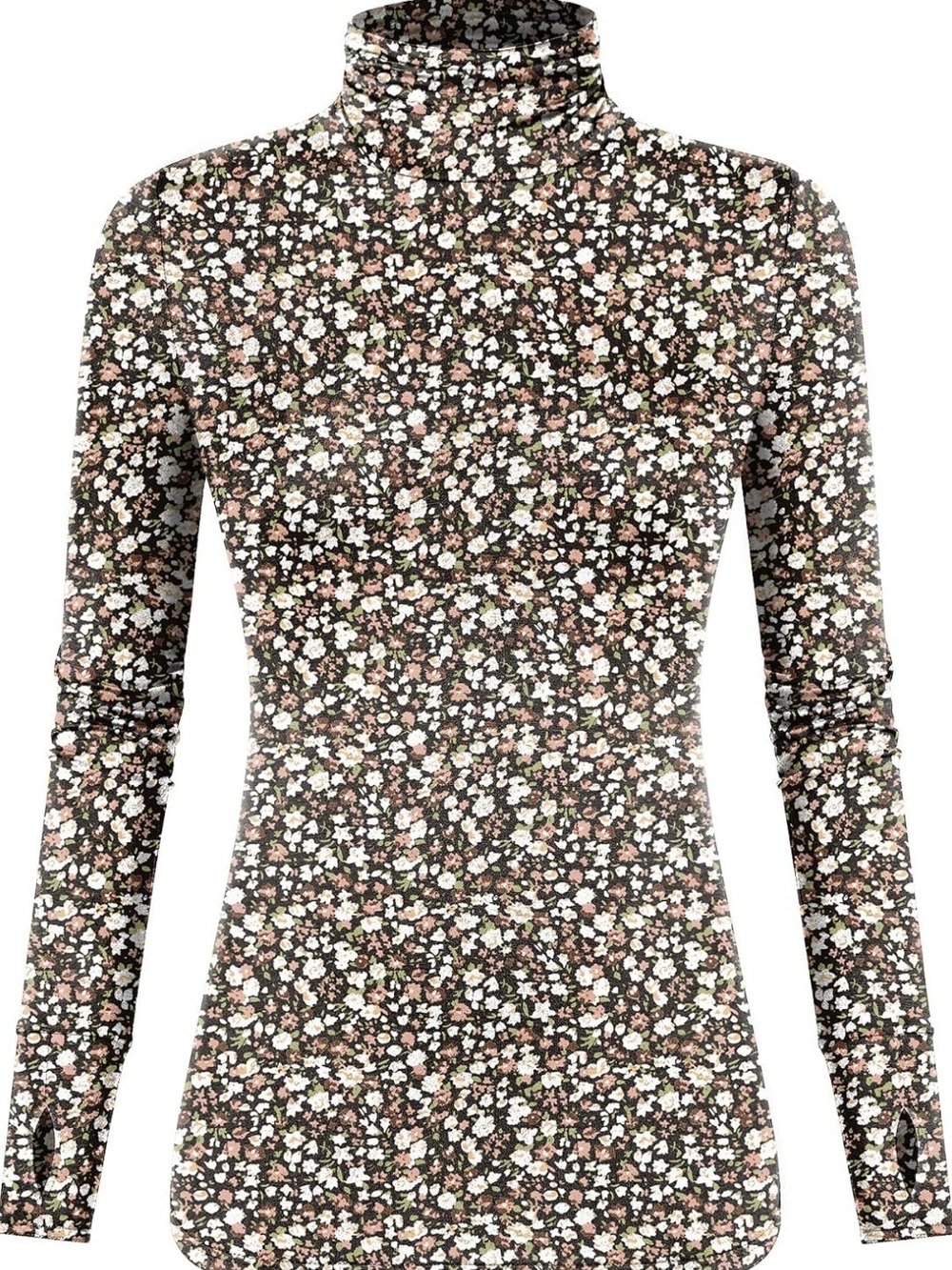 Women's Floral Mock Neck Long Sleeve Top With Thumb Holes